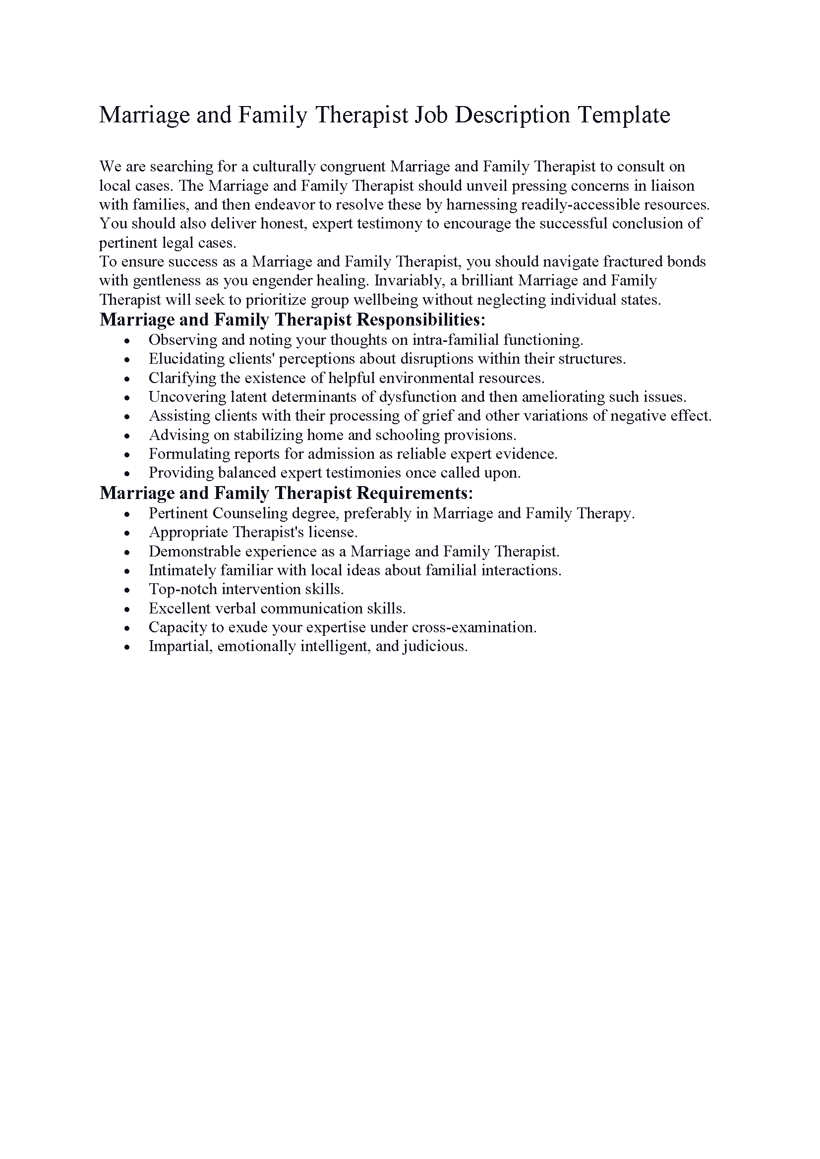 Marriage and Family Therapist Job Description Template